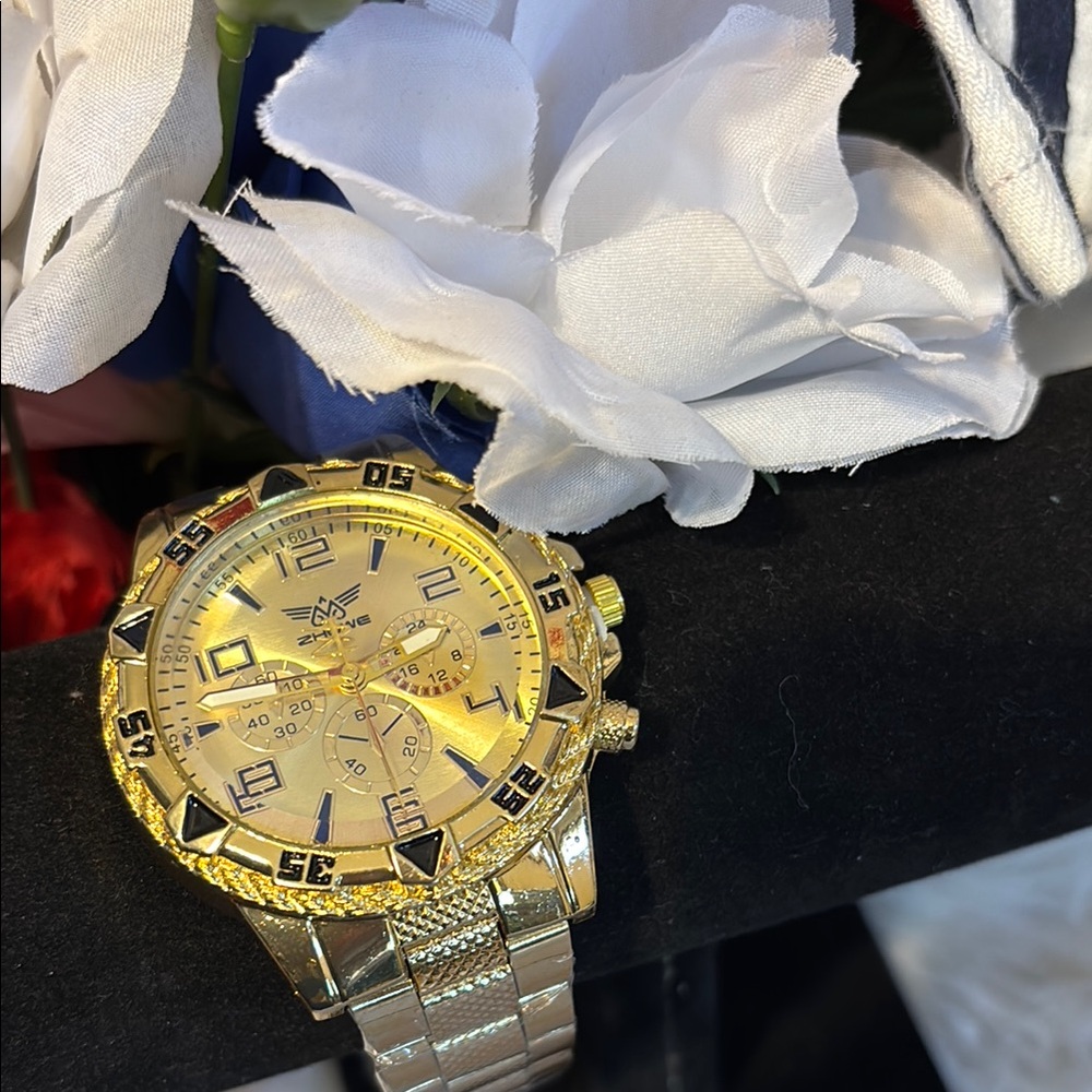 Gold Chronograph Watch with Silver Accents
